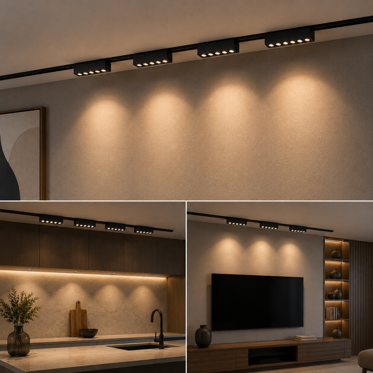 Spots LED pour rail magnétique installés dans un intérieur moderne avec lumière chaude