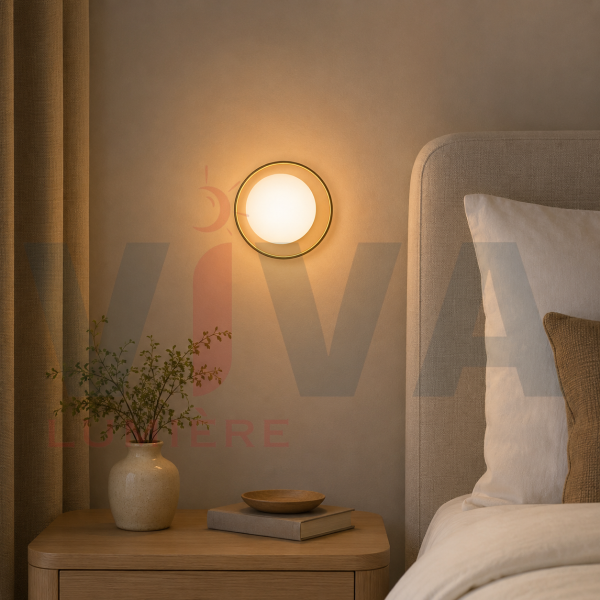 Applique murale ronde dorée installée dans une chambre moderne