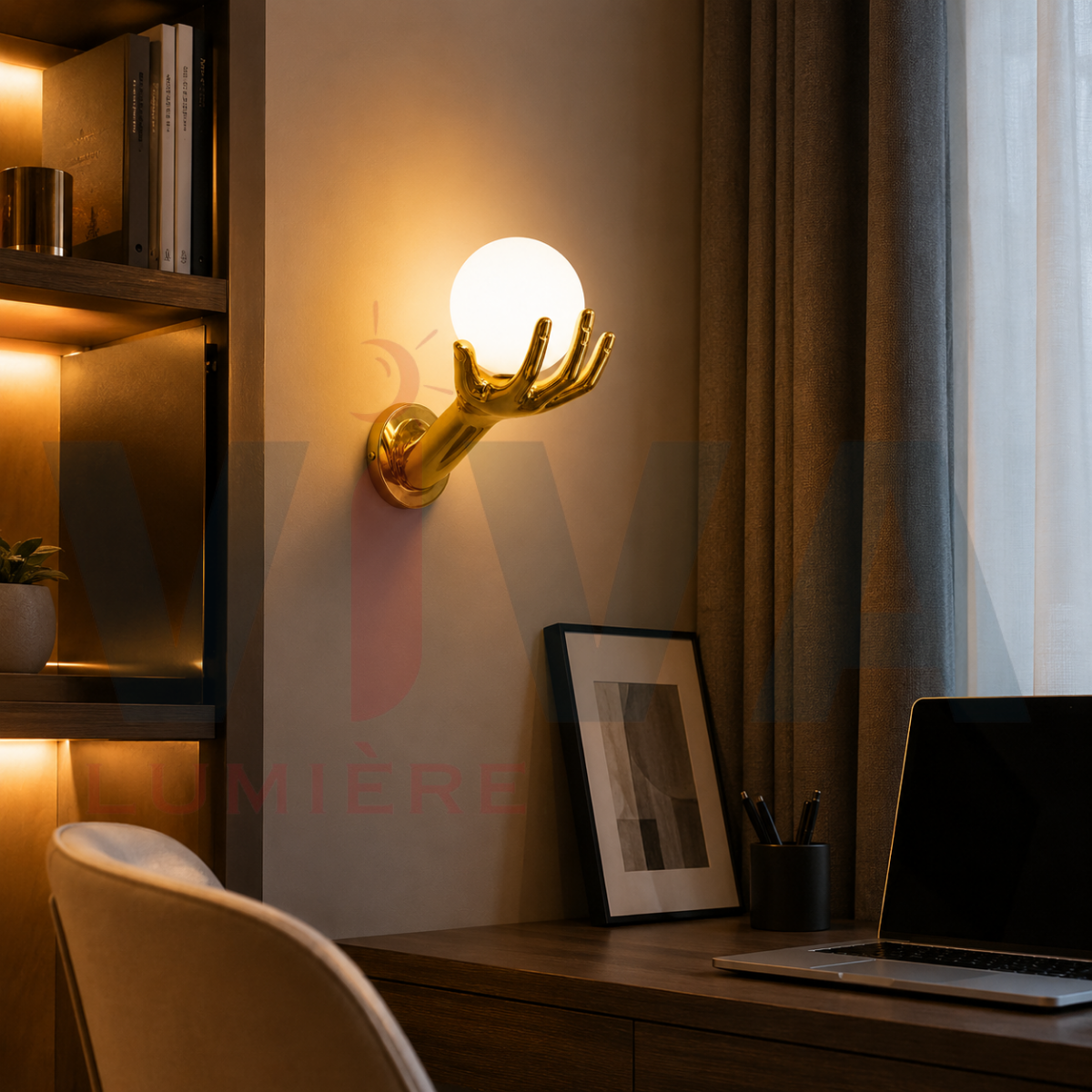 Applique main dorée installée dans un bureau moderne