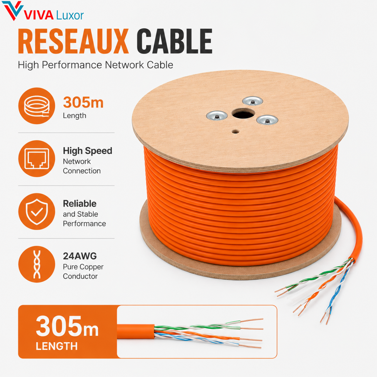 Informations câble réseau orange 305m 24AWG