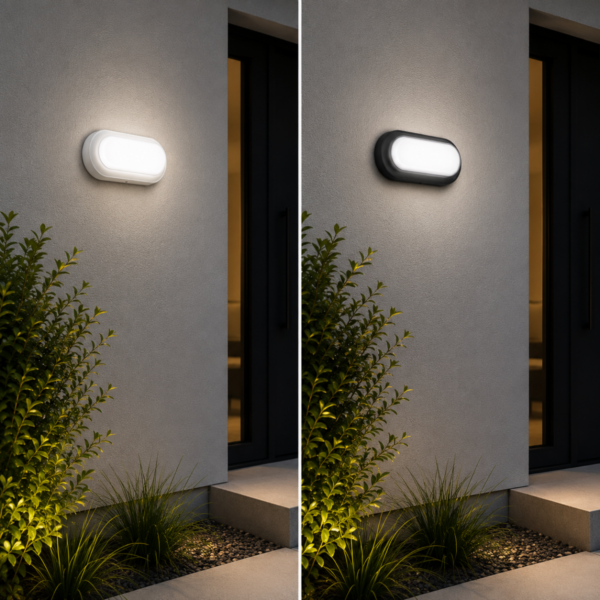 Hublot LED ovale noir et blanc installé sur façade extérieure
