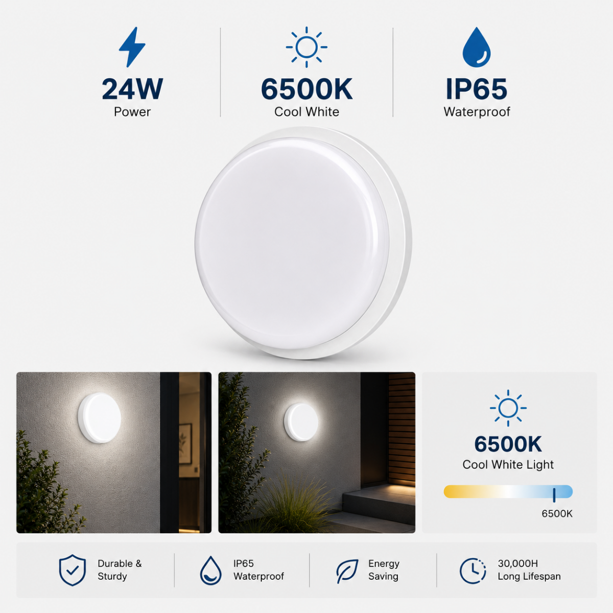 Hublot LED rond 24W 6500K IP65 avec informations produit