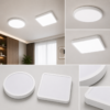 Panels LED apparents ronds et carrés installés au plafond dans un salon moderne