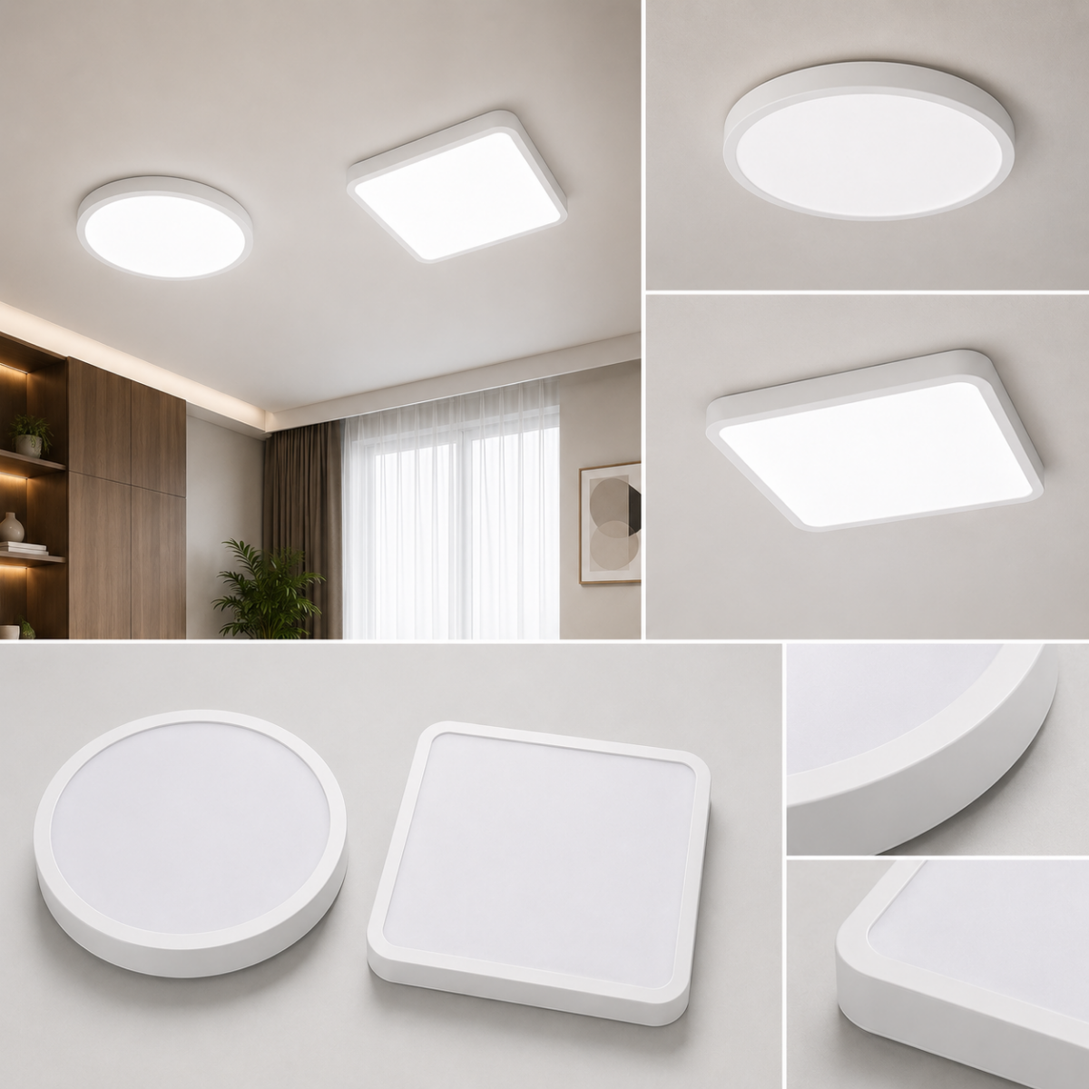 Panels LED apparents ronds et carrés installés au plafond dans un salon moderne