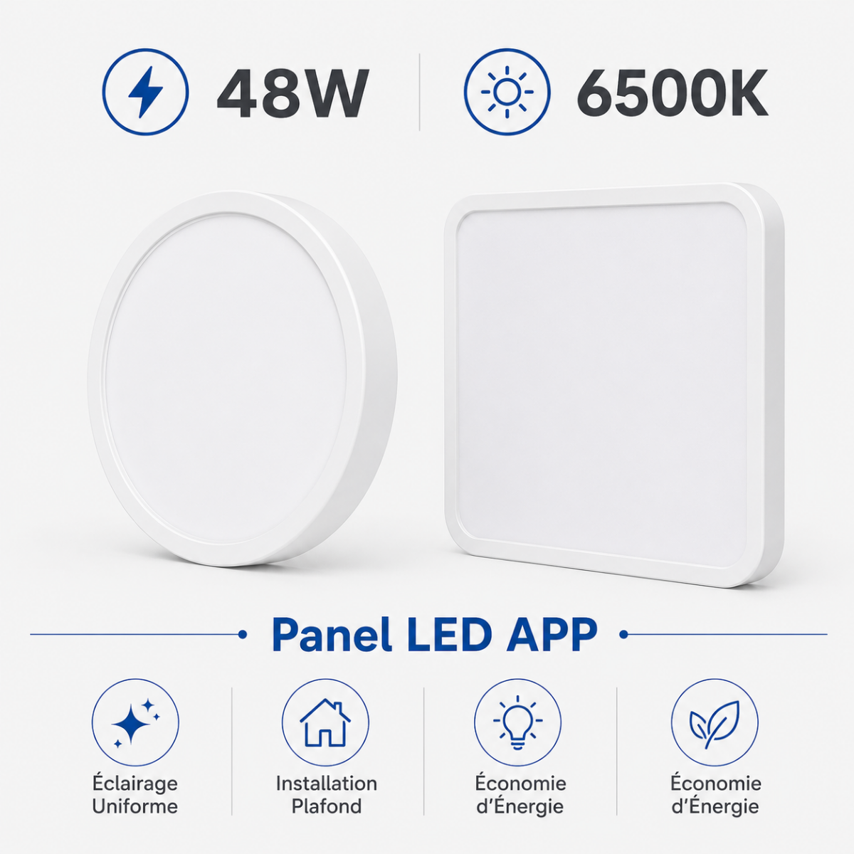 Panel LED apparent 48W 6500K rond et carré avec éclairage uniforme