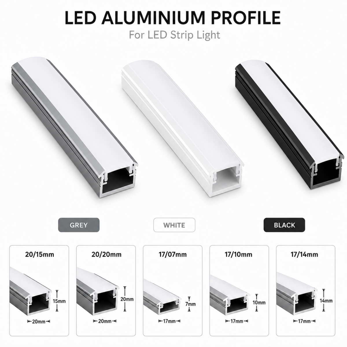 Profilé aluminium LED gris blanc et noir avec dimensions 20/15 20/20 17/07 17/10 et 17/14mm