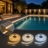 Ruban LED COB installé en éclairage indirect autour d’une terrasse moderne