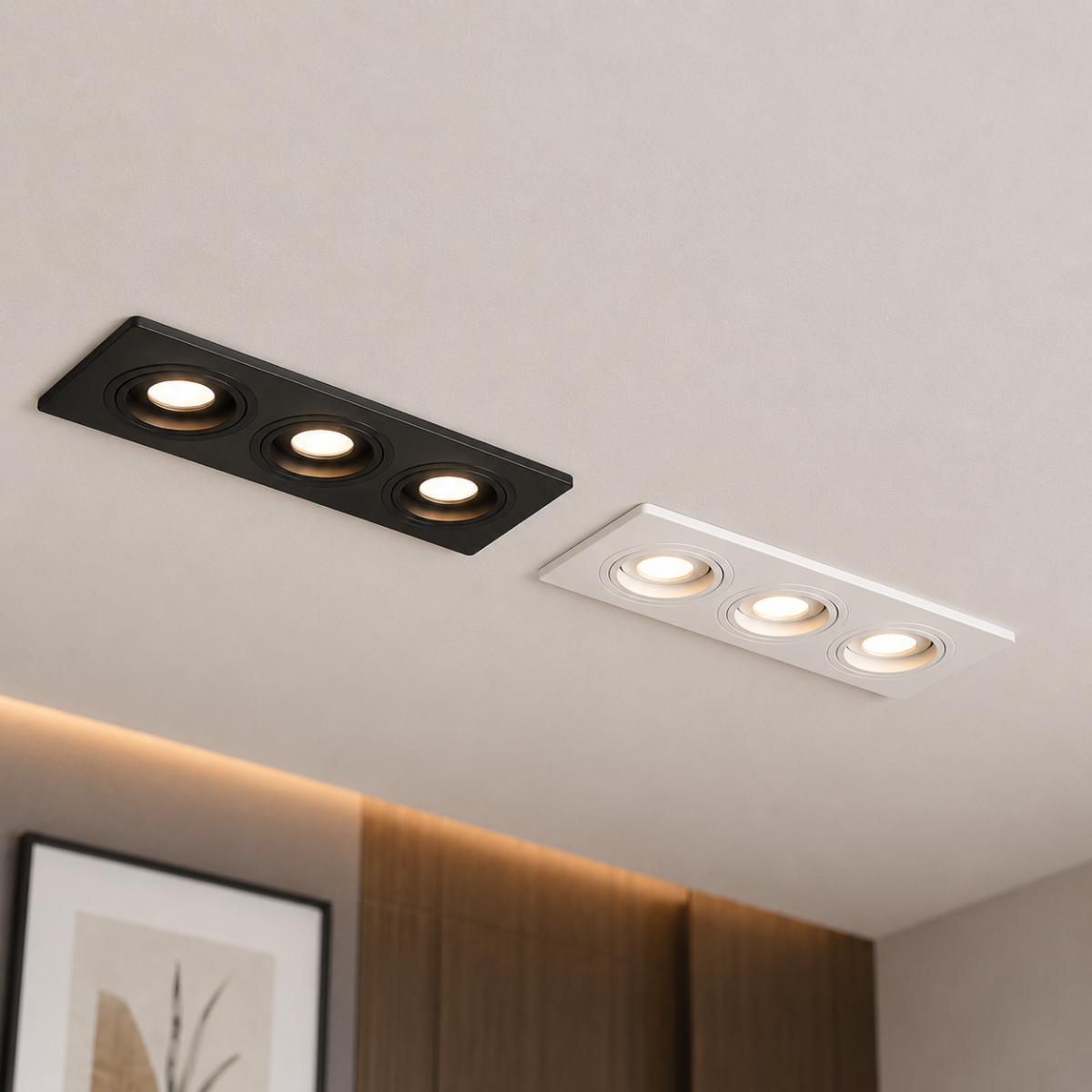 Support spot encastrable carré 3 trous blanc et noir installé au plafond