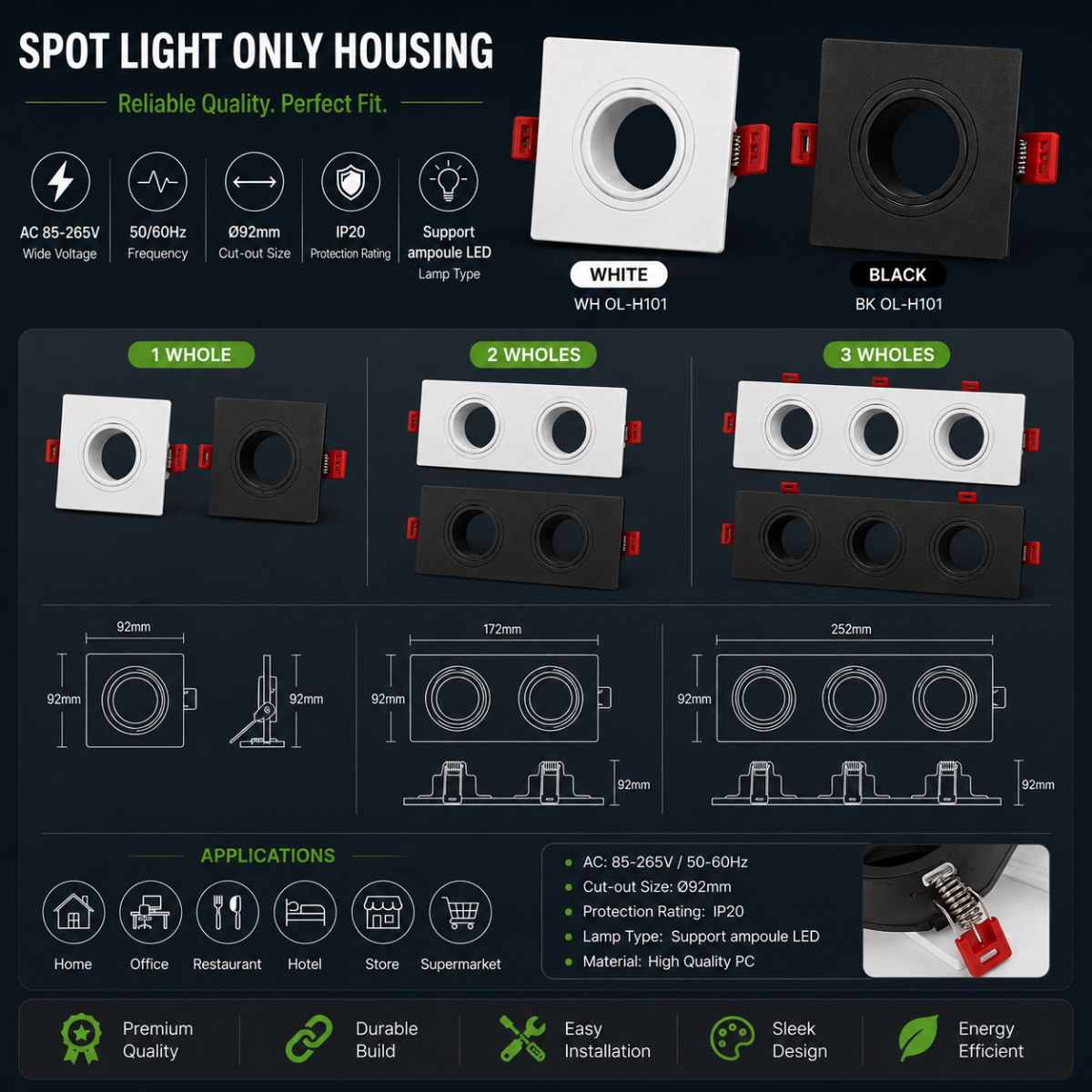 Infographie support spot encastrable carré 1 2 3 trous MR16 GU10