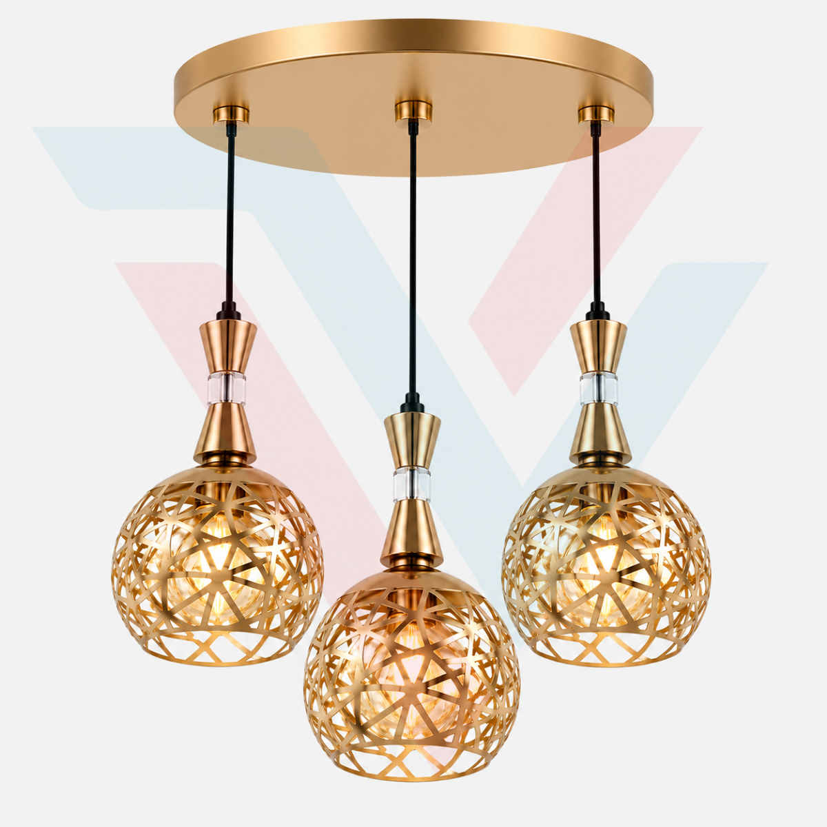Suspension triple dorée avec trois boules décoratives lumineuses