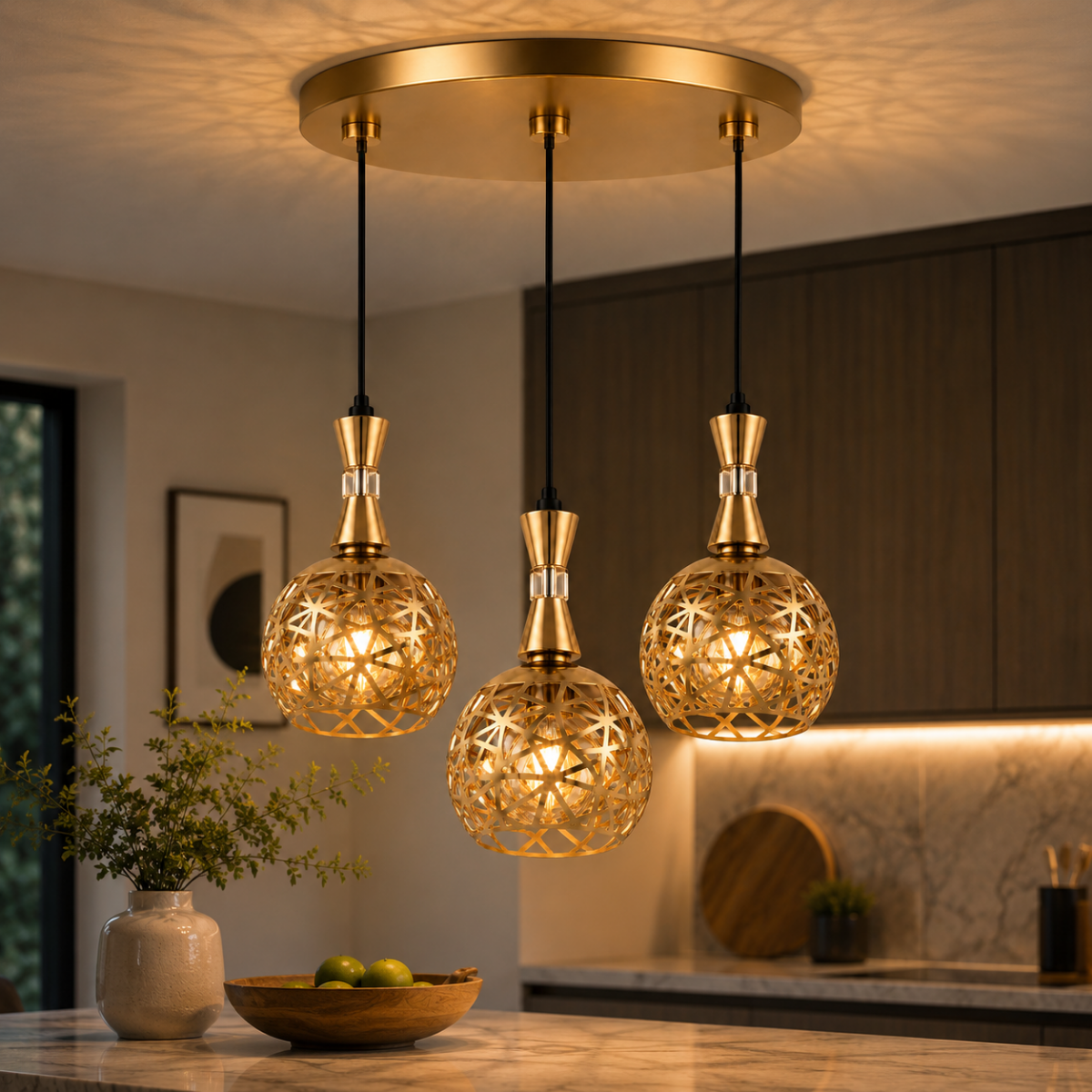 Suspension triple dorée installée dans une cuisine moderne avec lumière chaude