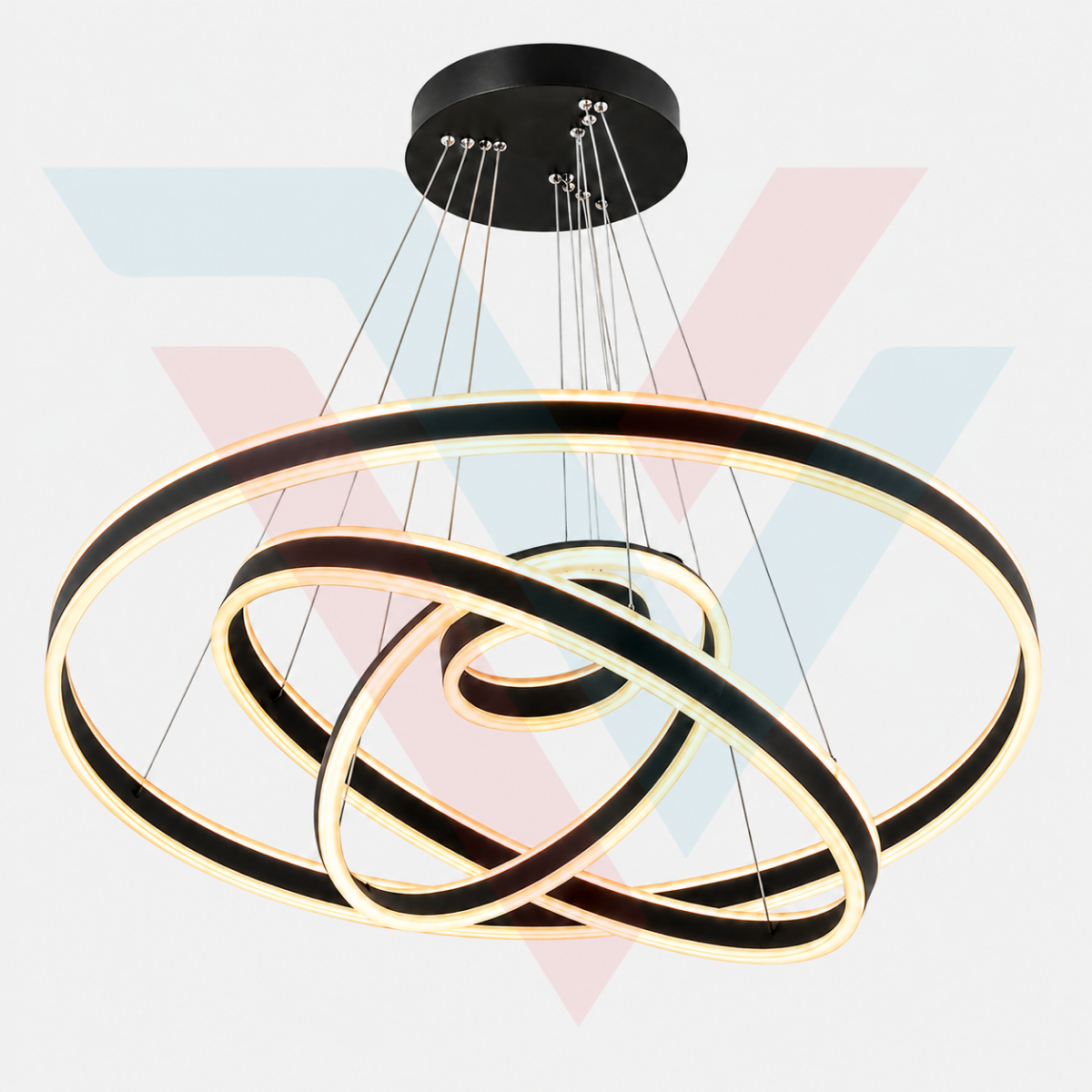 Lustre LED à anneaux noir avec design moderne et éclairage intégré