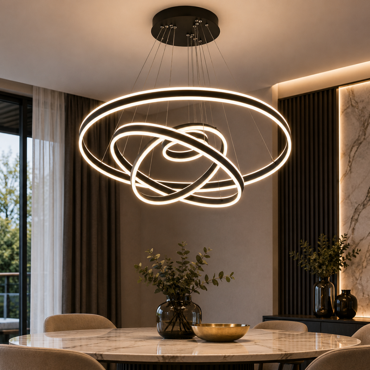 Lustre LED à anneaux noir installé au-dessus d’une table à manger moderne