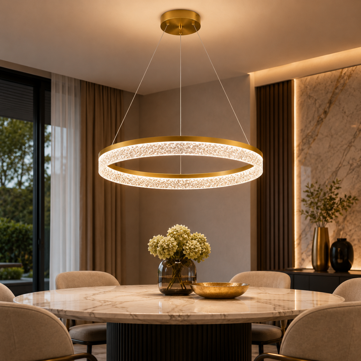 Lustre LED anneau doré installé au-dessus d’une table à manger moderne