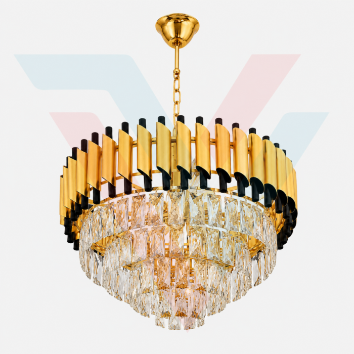 Lustre cristal rond doré et noir avec design luxe et pampilles en cristal