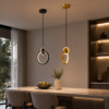 Suspension LED anneau moderne noire et dorée installée au-dessus d’une table
