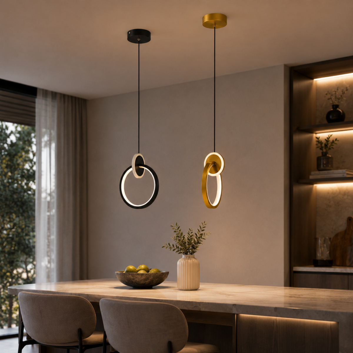 Suspension LED anneau moderne noire et dorée installée au-dessus d’une table