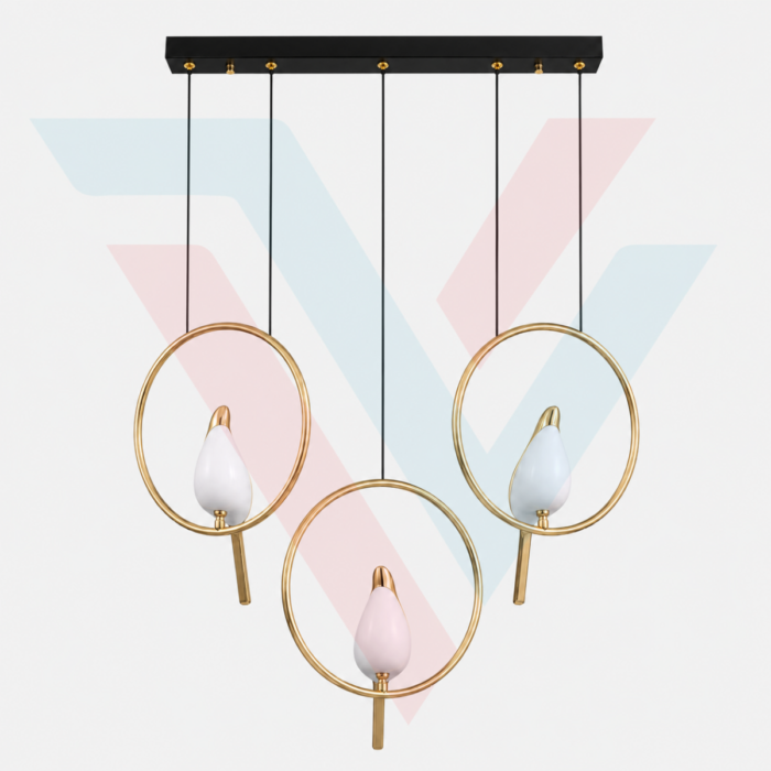 Suspension triple anneaux dorés avec base noire et design moderne