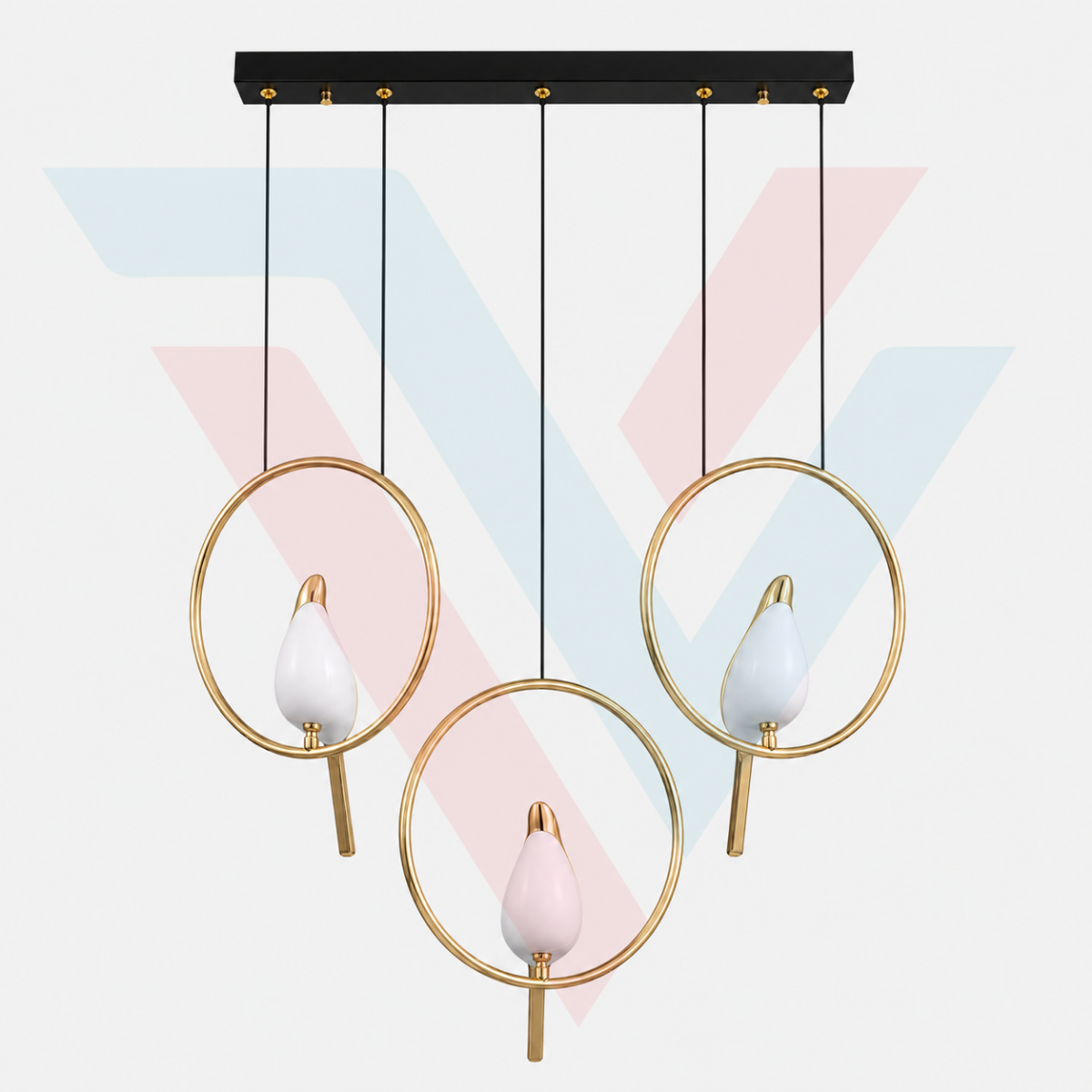 Suspension triple anneaux dorés avec base noire et design moderne