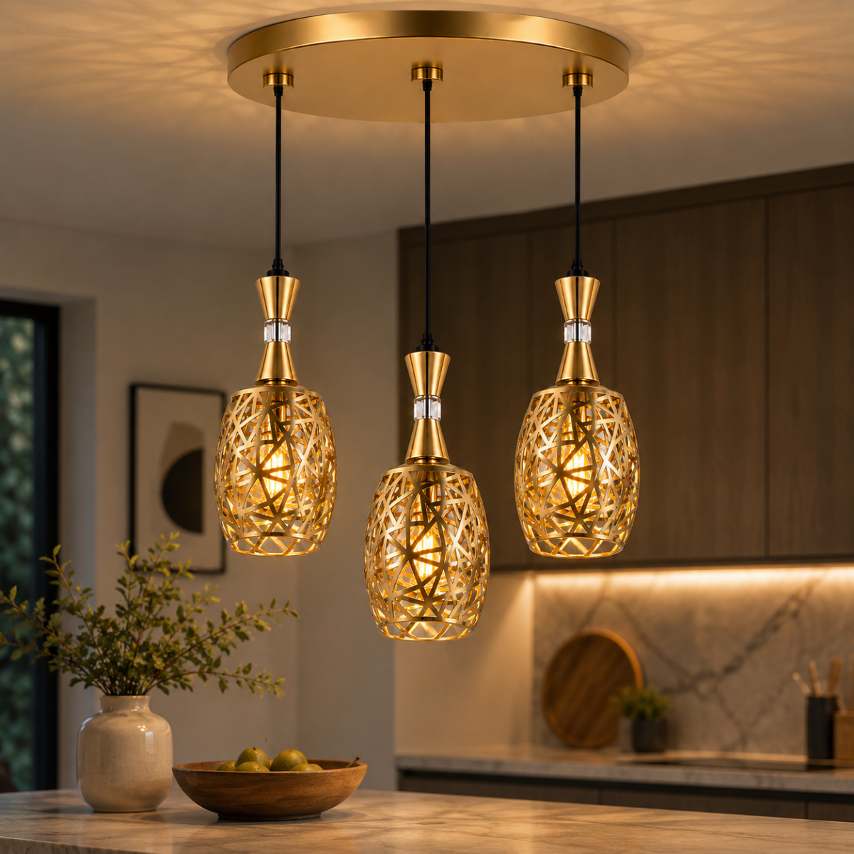 Suspension triple dorée installée dans une cuisine moderne avec lumière chaude