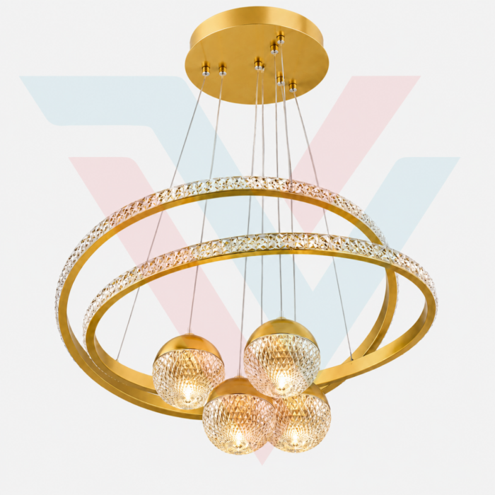 Lustre suspension doré à anneaux LED avec quatre boules lumineuses