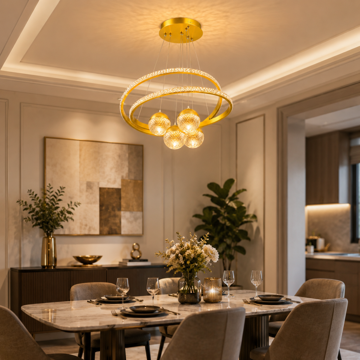 Lustre suspension doré installé au-dessus d’une table à manger moderne