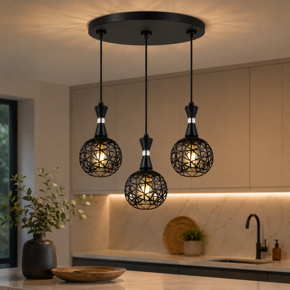 Suspension triple noire boules ajourées installée dans une cuisine moderne