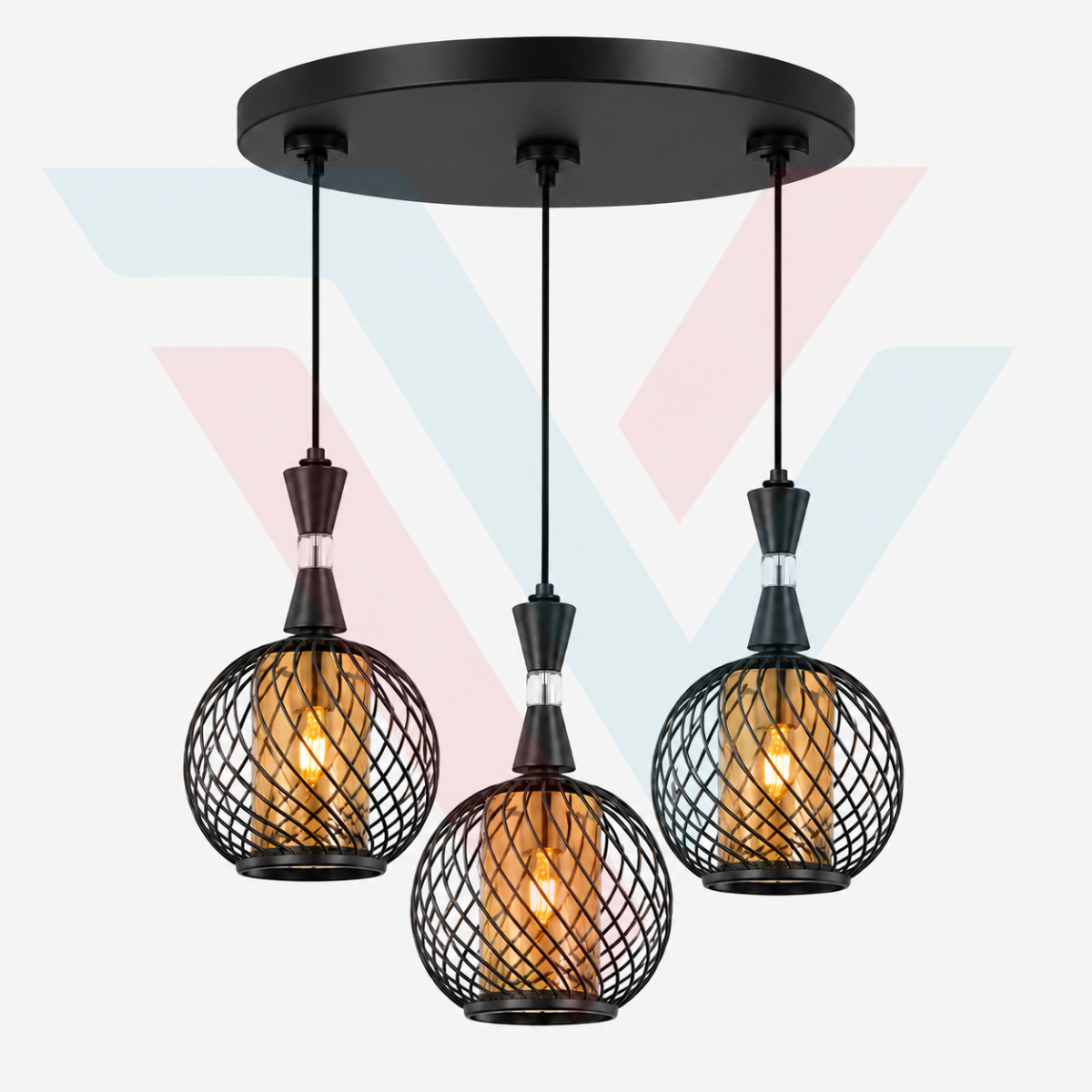Suspension triple noire grillagée avec trois boules en métal et verre ambré