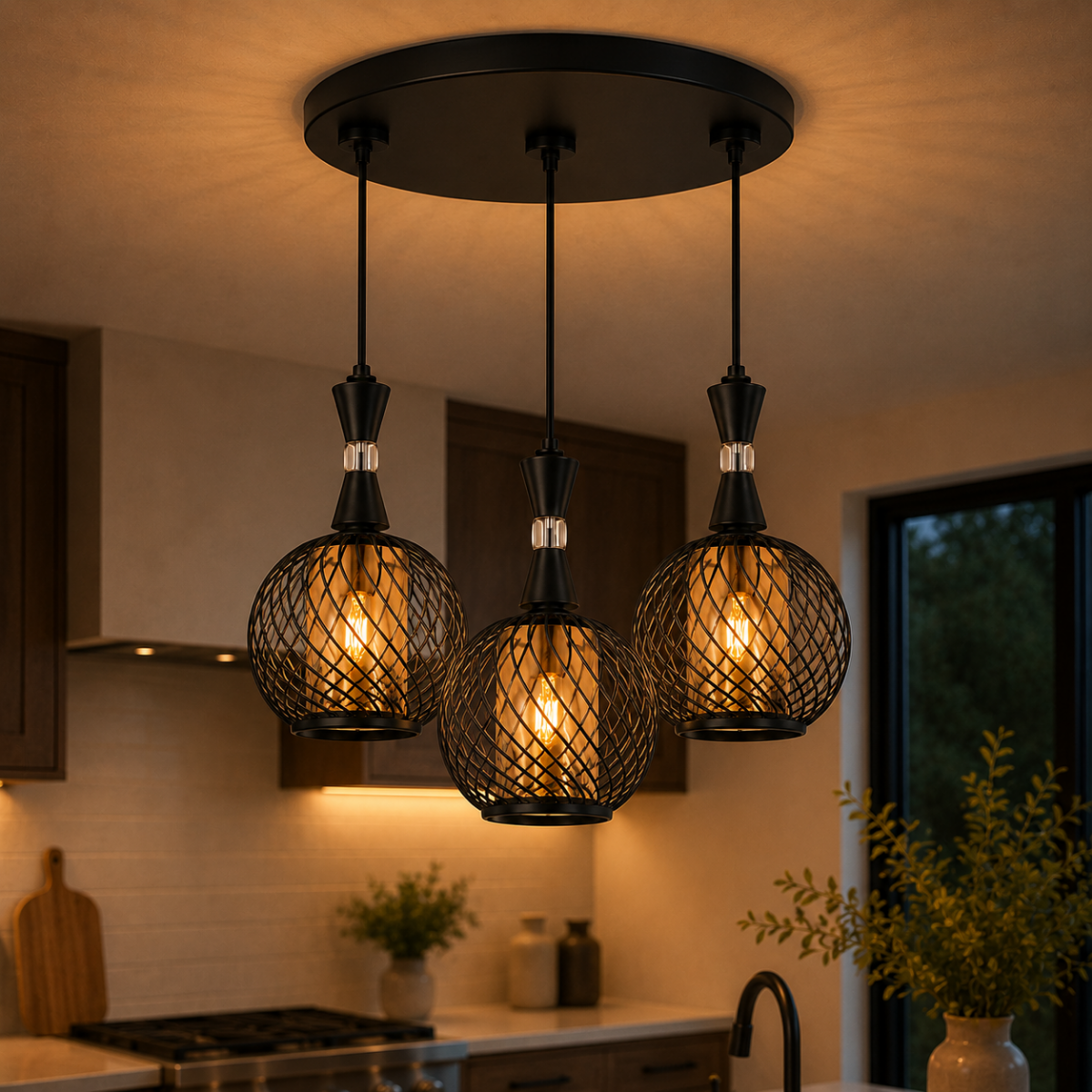 Suspension triple noire grillagée installée dans une cuisine moderne avec lumière chaude
