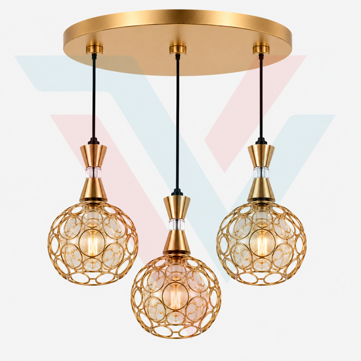 Suspension triple dorée avec trois boules décoratives ajourées