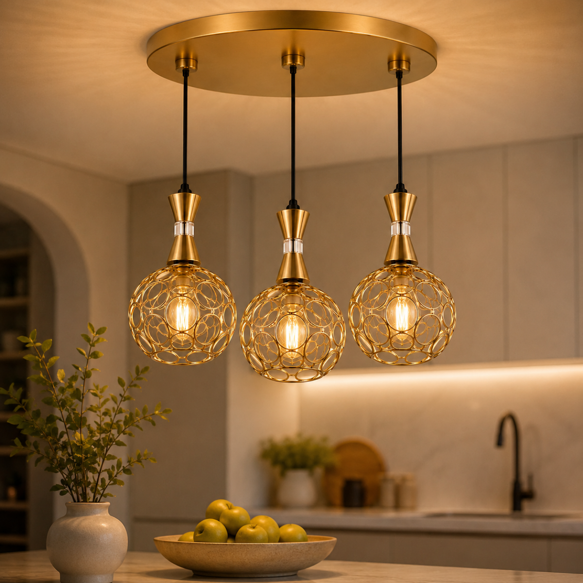 Suspension triple dorée installée dans une cuisine moderne avec lumière chaude