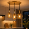 Suspension triple dorée grillagée installée dans une cuisine moderne avec lumière chaude