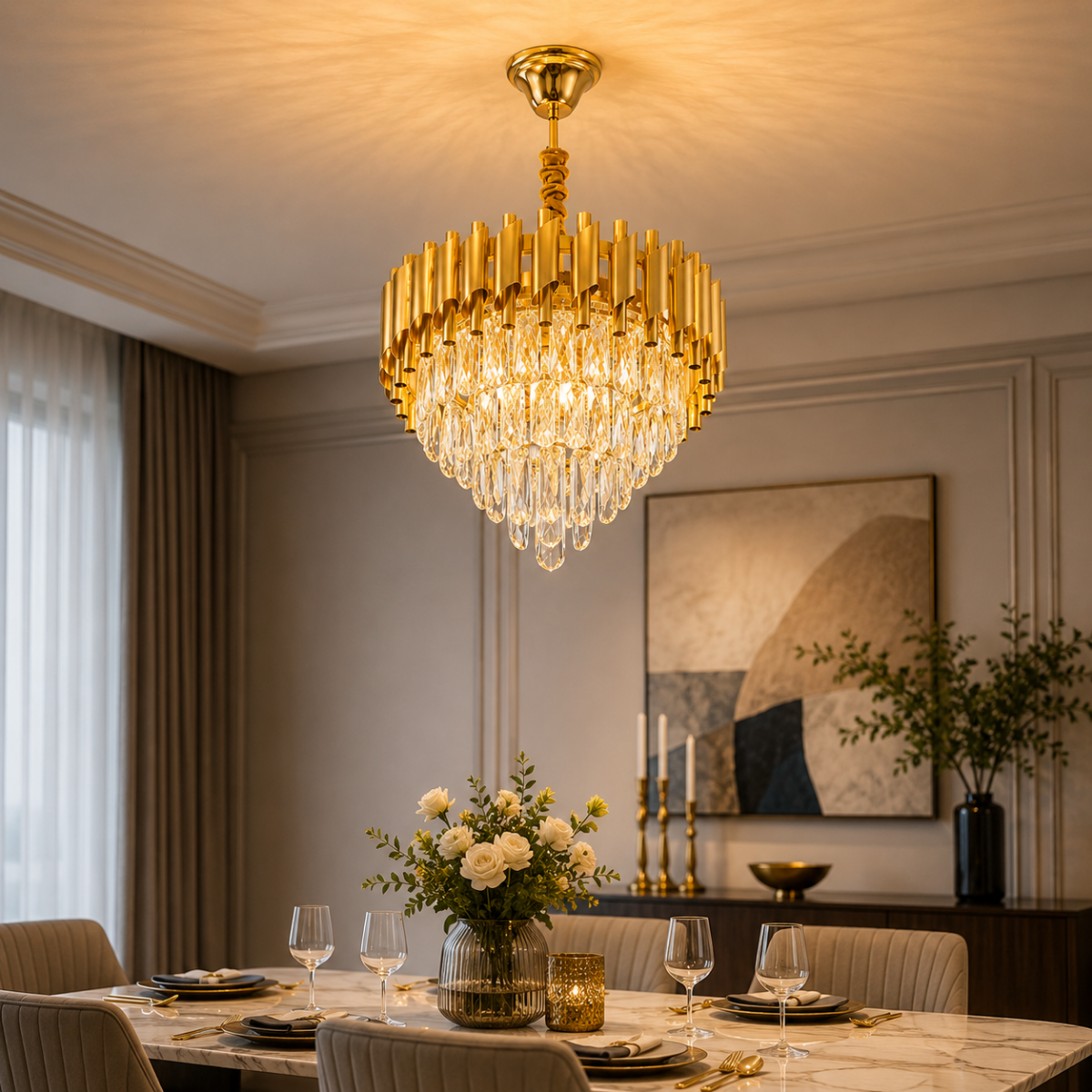 Lustre doré en cristal au design luxe avec finition dorée et verre décoratif. Idéal salon, salle à manger et villa à Marrakech.