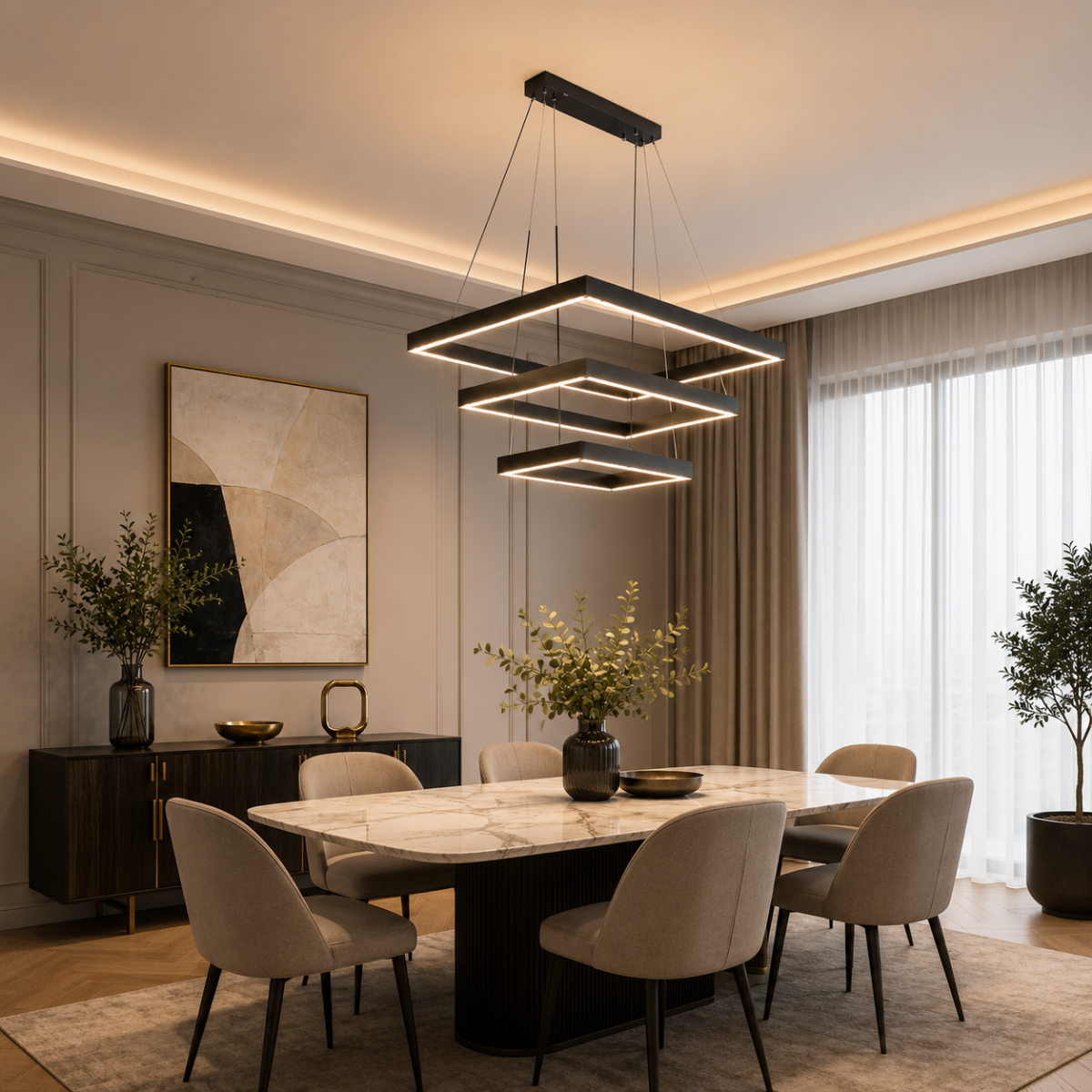 Suspension LED noire carrée installée au-dessus d’une table à manger moderne
