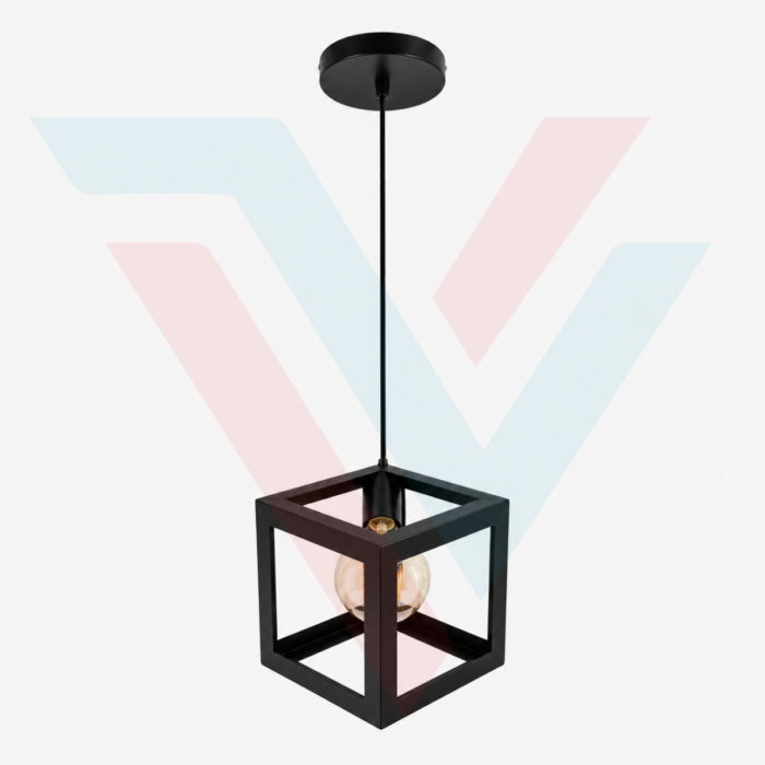 Suspension cube moderne noire en métal avec ampoule visible