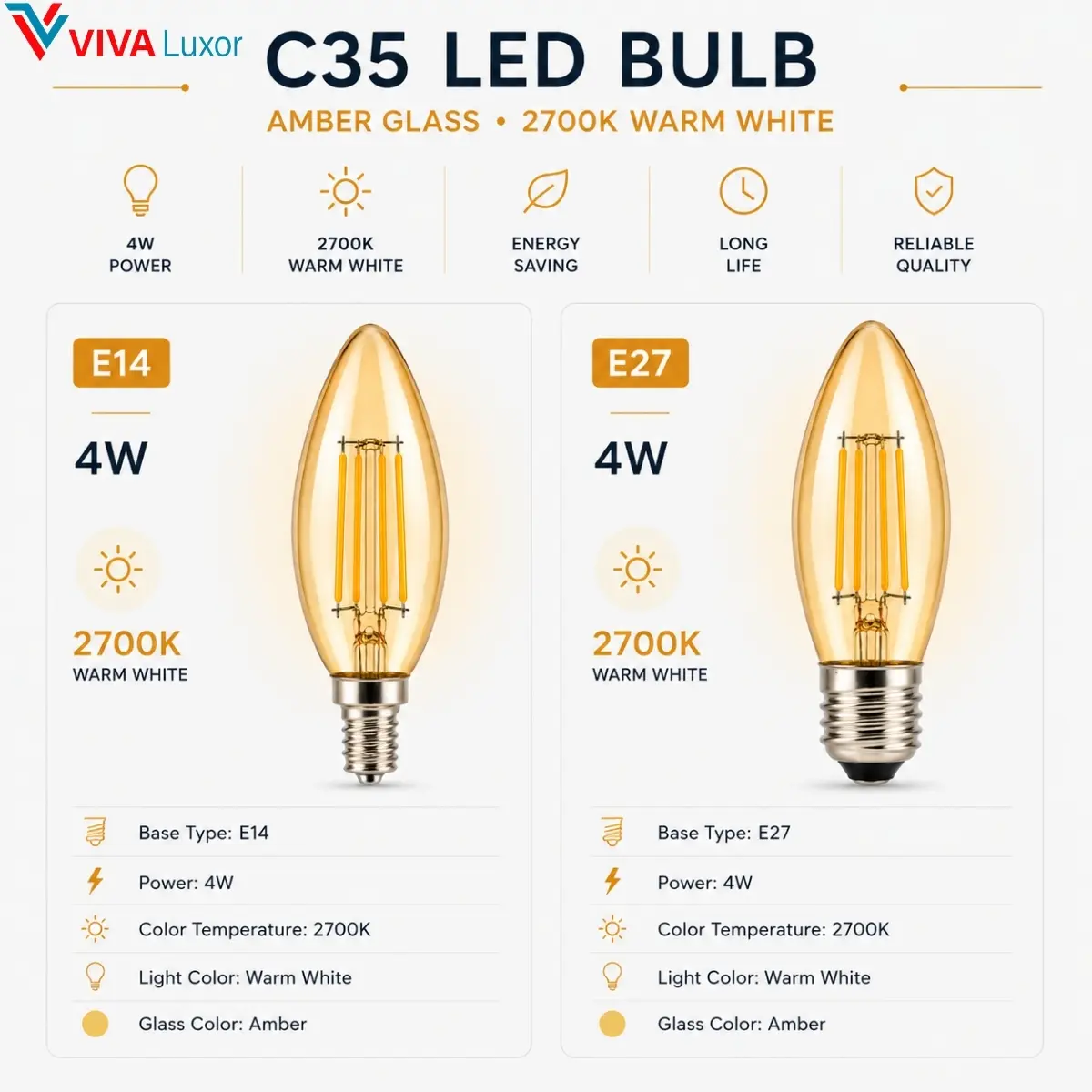 Ampoule LED C35 4W 2700K verre ambré E14 E27