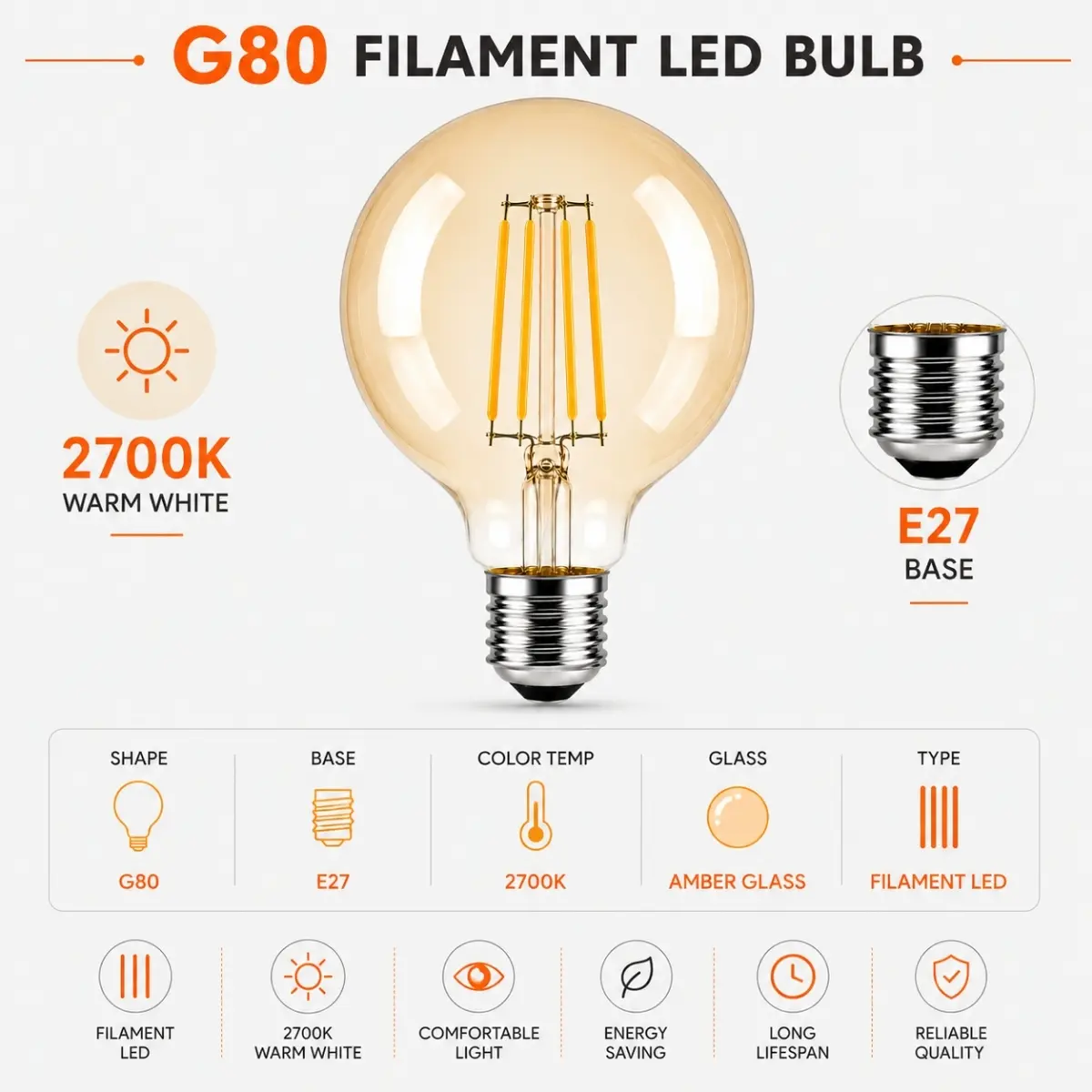 Ampoule LED G80 filament E27 2700K verre ambré pour éclairage décoratif