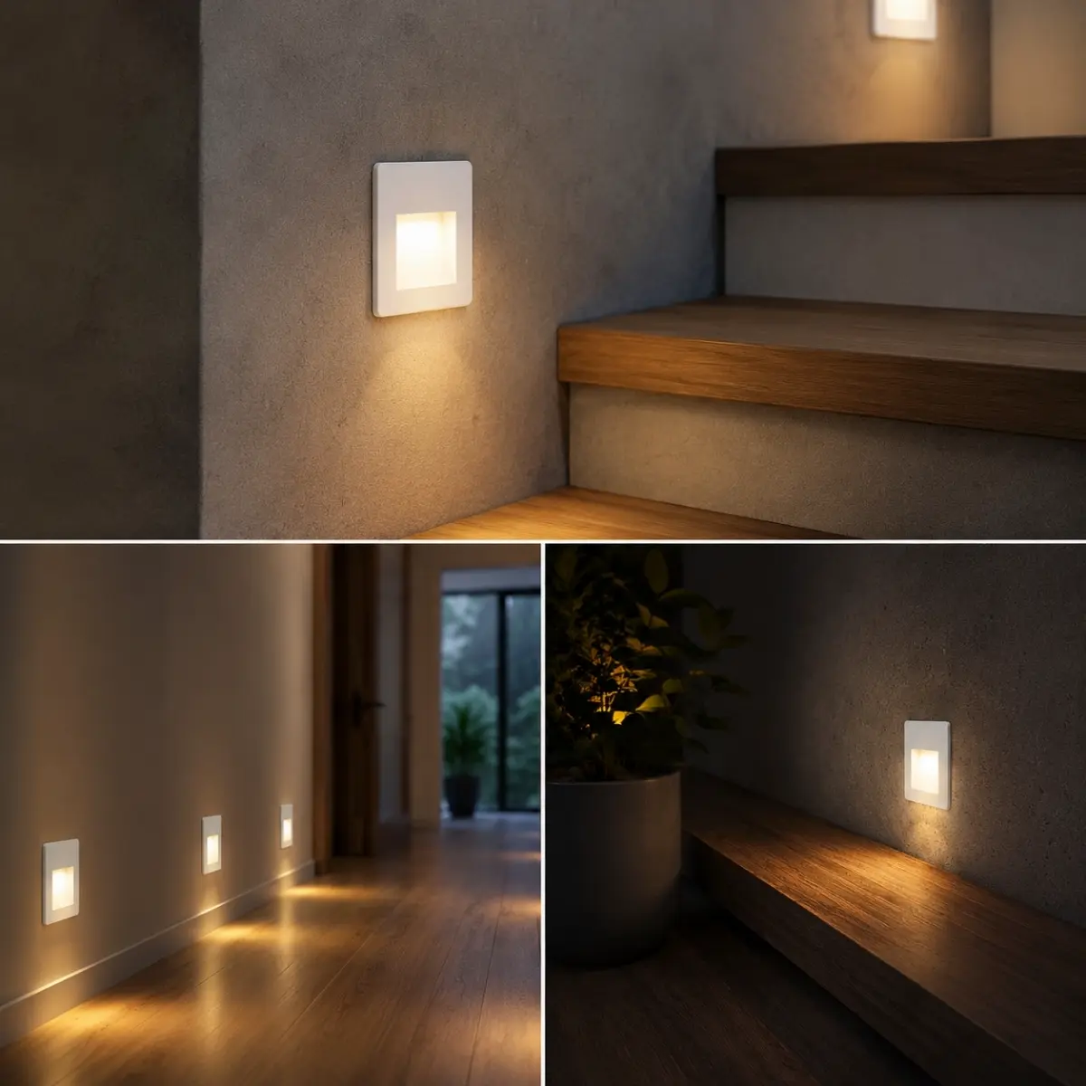 Applique escalier LED blanche installée dans un escalier