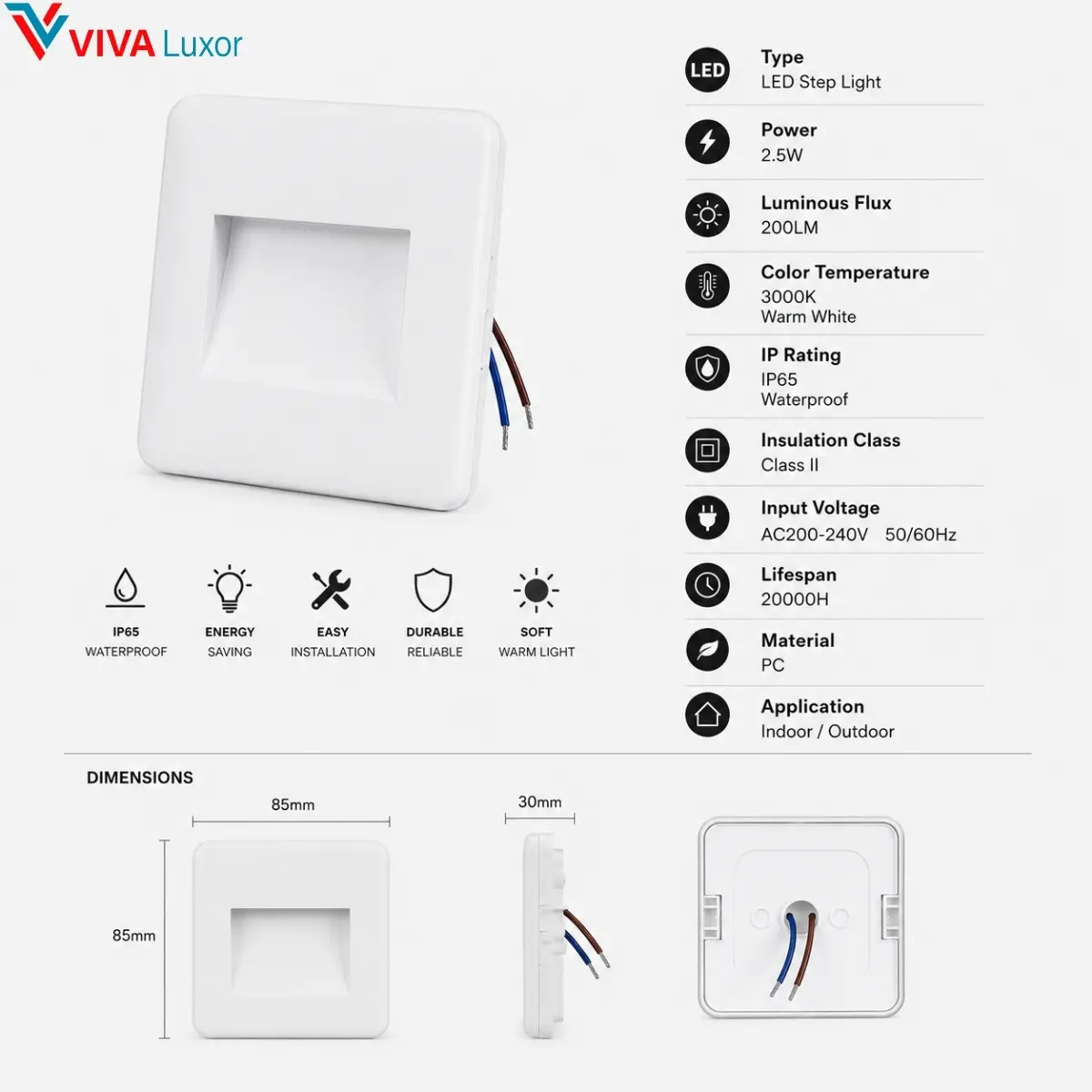 Fiche technique applique escalier LED blanche IP65 2.5W