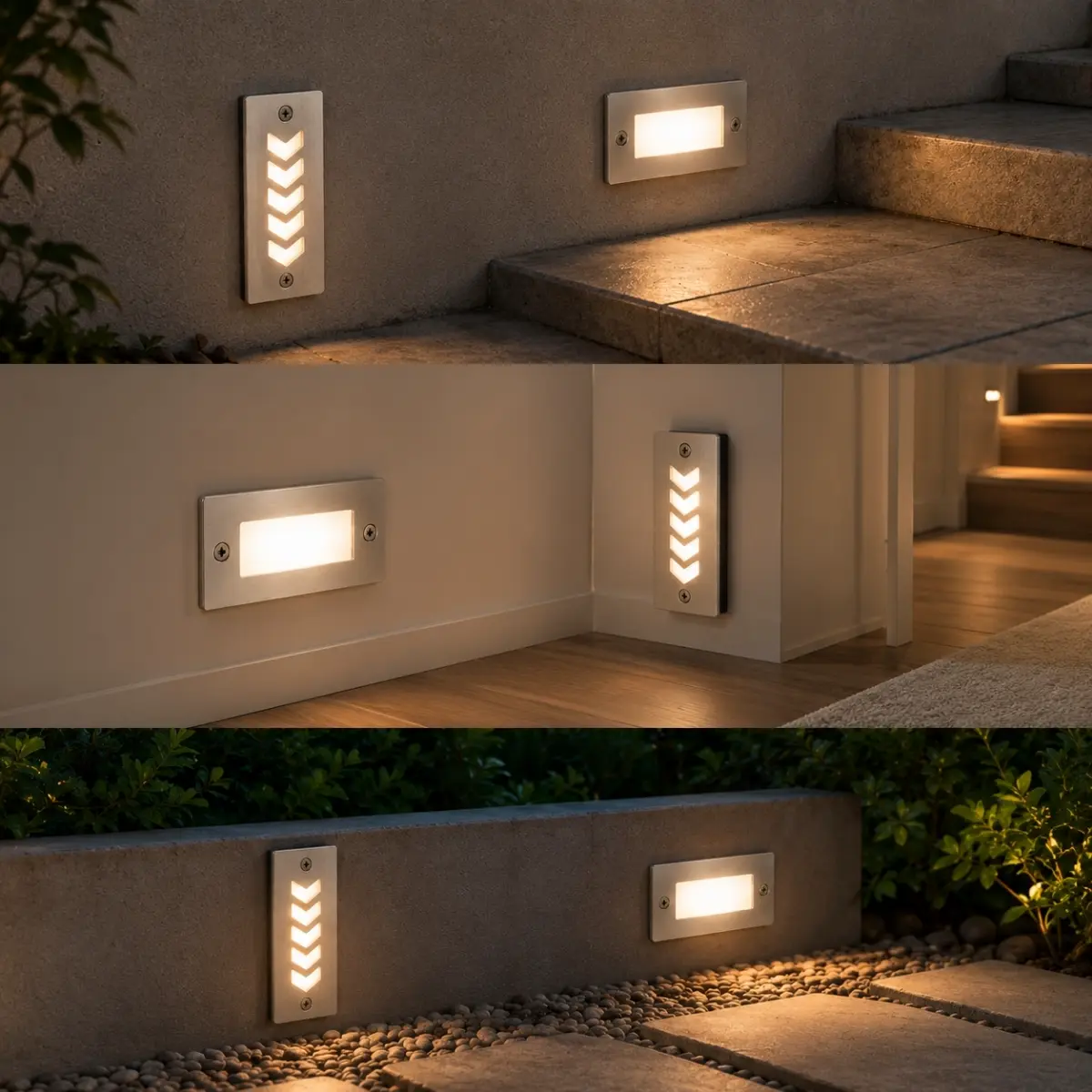 Applique LED murale installée sur escalier et terrasse
