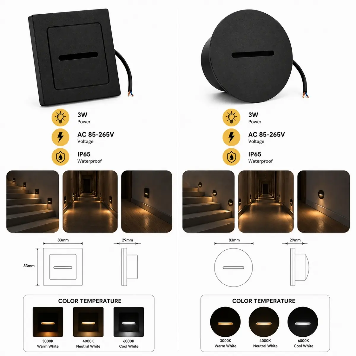 Applique murale encastrée LED 3W IP65 carrée et ronde
