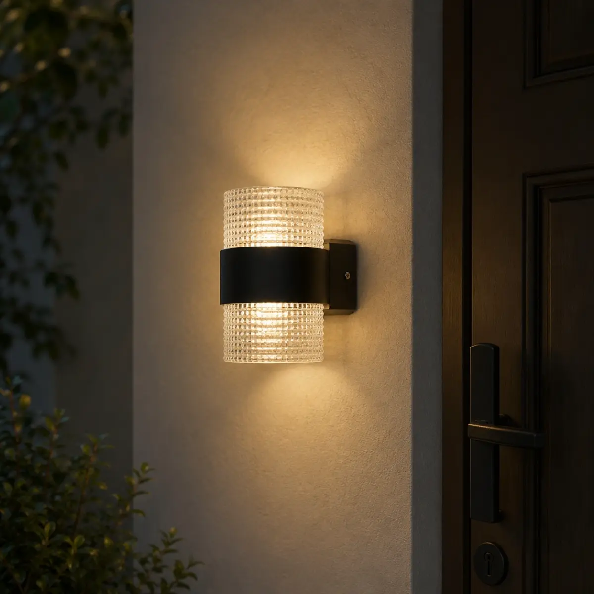 Applique murale extérieure cylindrique noire installée sur un mur extérieur