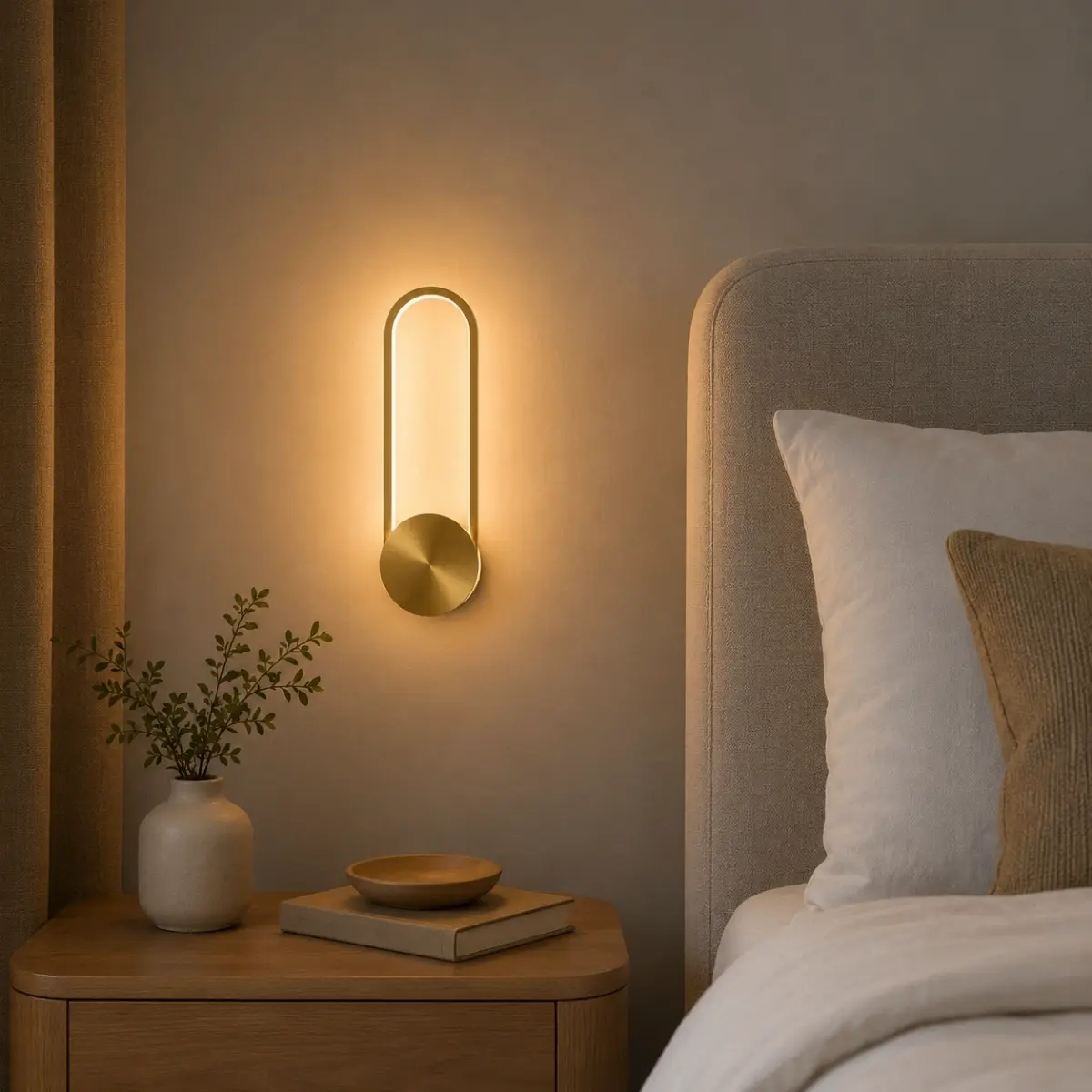 Applique murale LED dorée ovale installée dans une chambre moderne