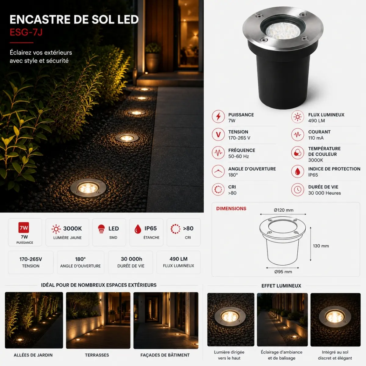 Caractéristiques encastre de sol LED 7W 3000K IP65