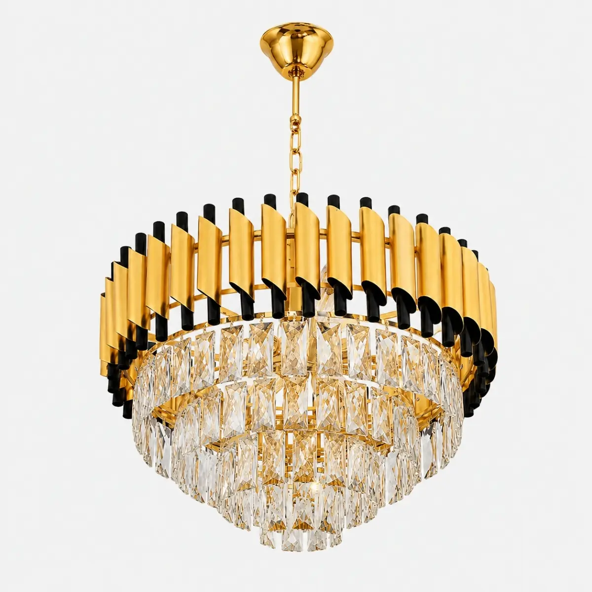 Lustre cristal rond doré et noir avec design luxe et pampilles en cristal
