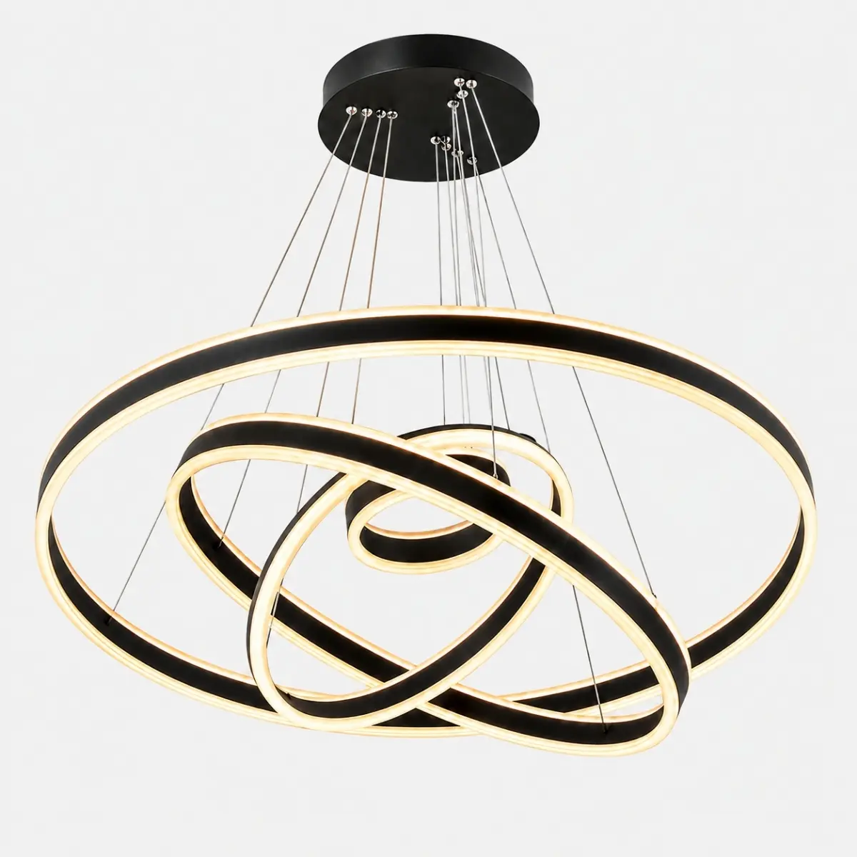 Lustre LED à anneaux noir avec design moderne et éclairage intégré