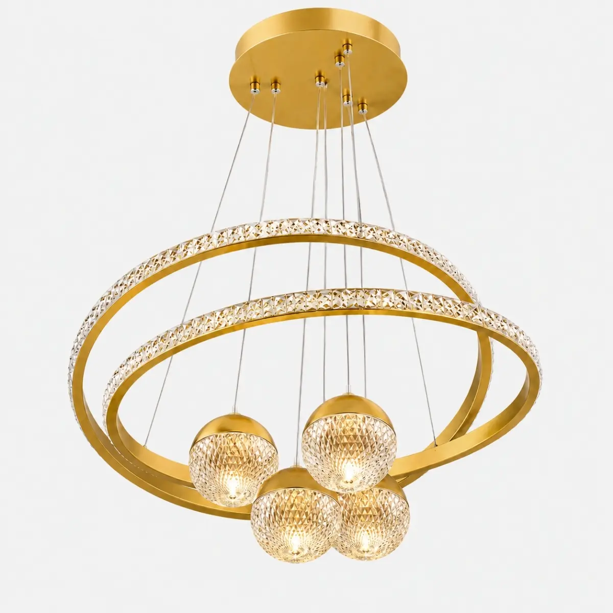 Lustre suspension doré à anneaux LED avec quatre boules lumineuses