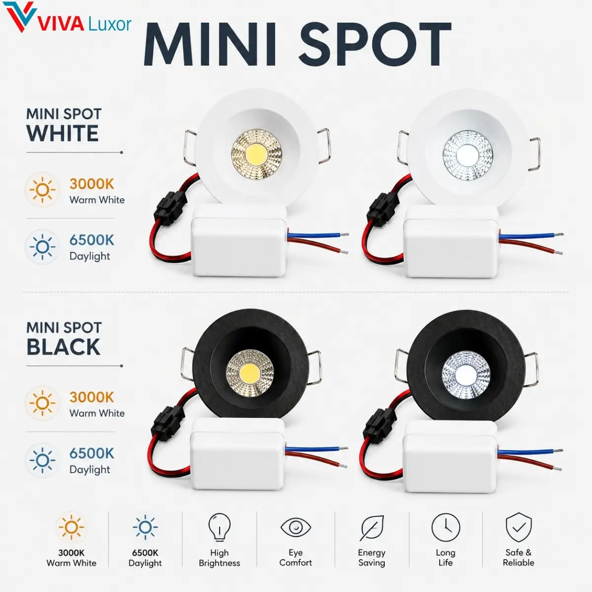 Mini spot LED encastré blanc et noir avec lumière 3000K et 6500K