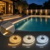 Ruban LED COB installé près d’une piscine avec éclairage indirect extérieur décoratif