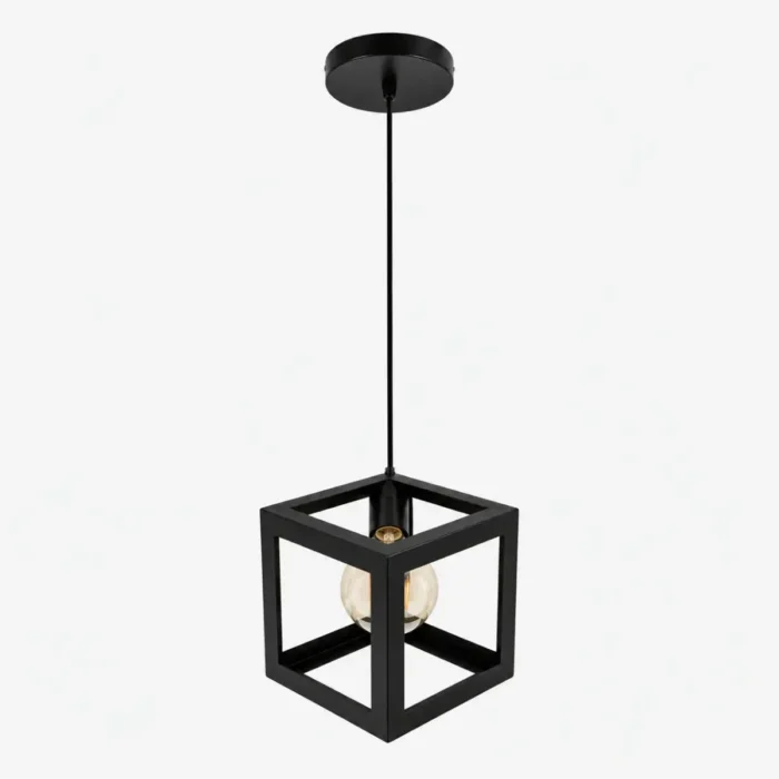 Suspension cube moderne noire en métal avec ampoule visible